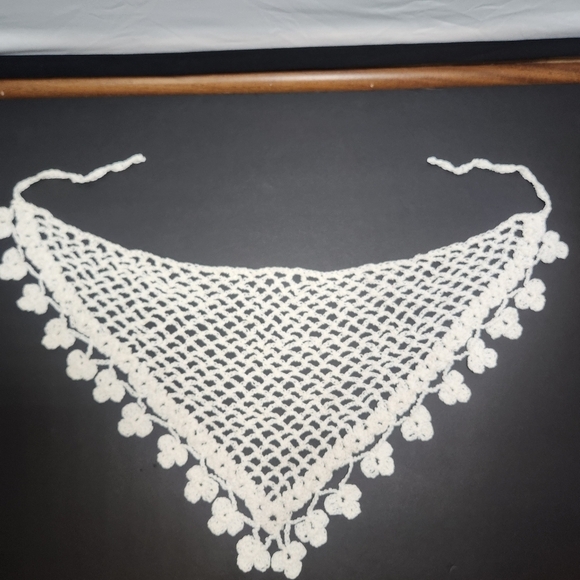 Hand-made Crochet  White Mesh Hair Kerchief/Bandana with Tassel Trim